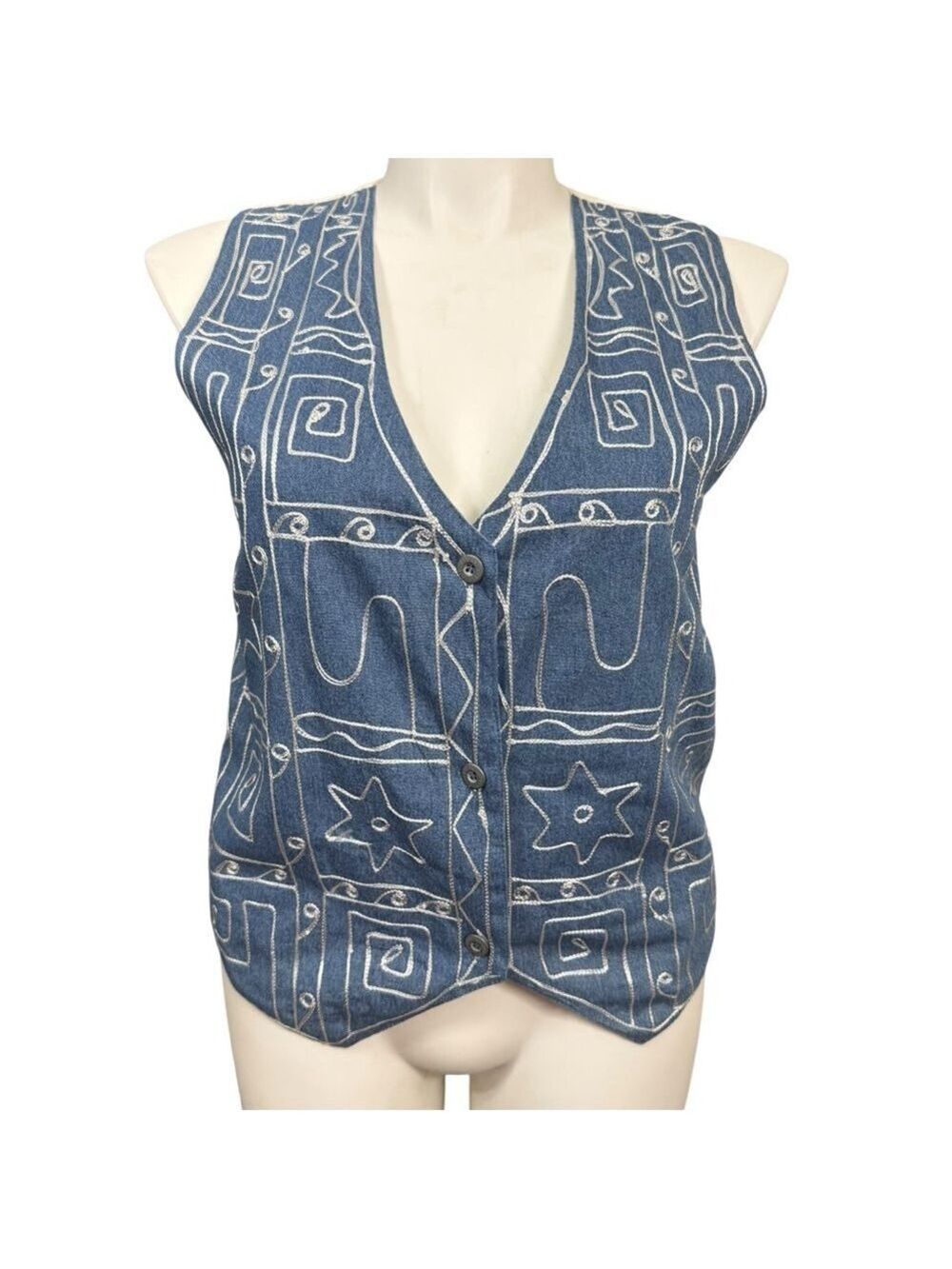 Vintage Agapo Collection Denim Embroidered Vest Medium Western Boho Cotton